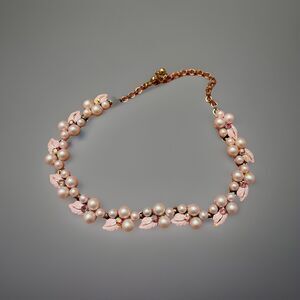 1950’s Vintage Signed Charel Costume Jewelry Faux Pearl Peach Flower Necklace